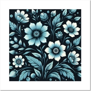 Blue Floral Illustration Posters and Art